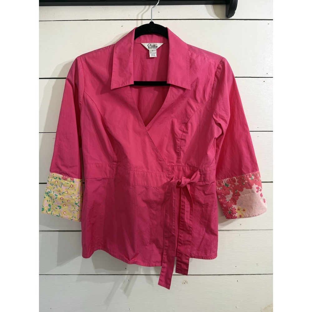 VTG 90's Lilly Pulitzer Womens Pink Cotton Wrap Top Floral Contrast Cuffs Size 6